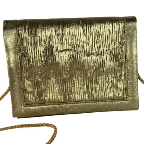 Textured Gold Metallic Evening Clutch Purse with Rope Shoulder Strap Retro Party - Picture 1 of 16
